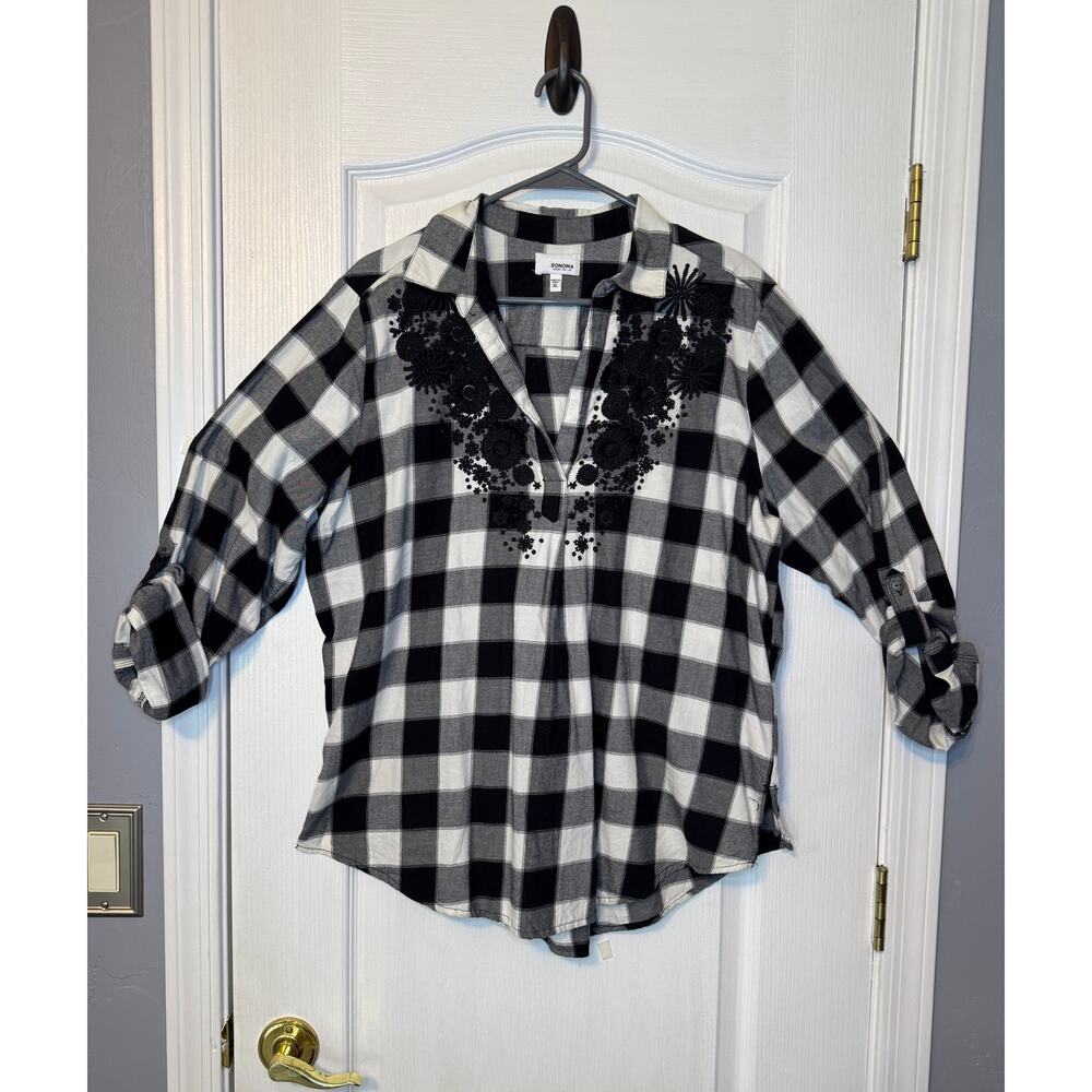 Womens SONOMA Buffalo Plaid Black White Flannel Embroider Top - XL - Picture 3 of 7